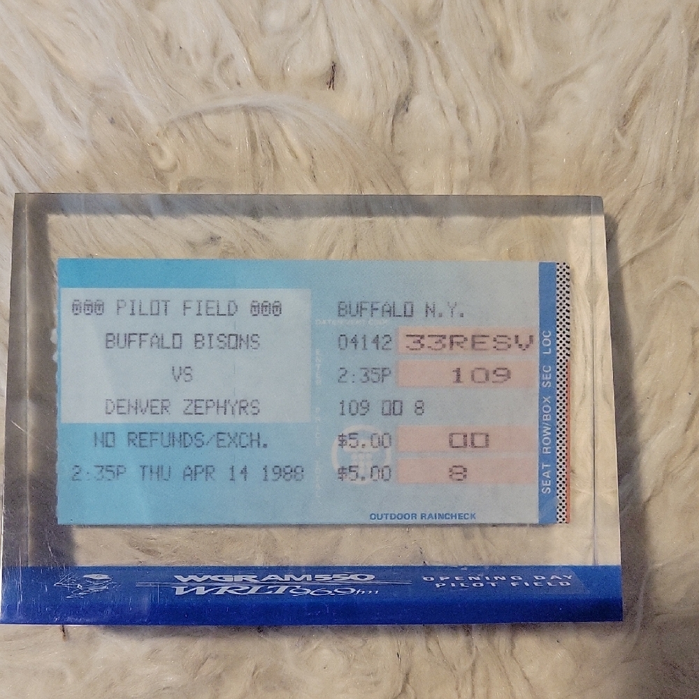 Vintage Buffalo Bisons Ticket in Acrylic Display - Blue & Cream